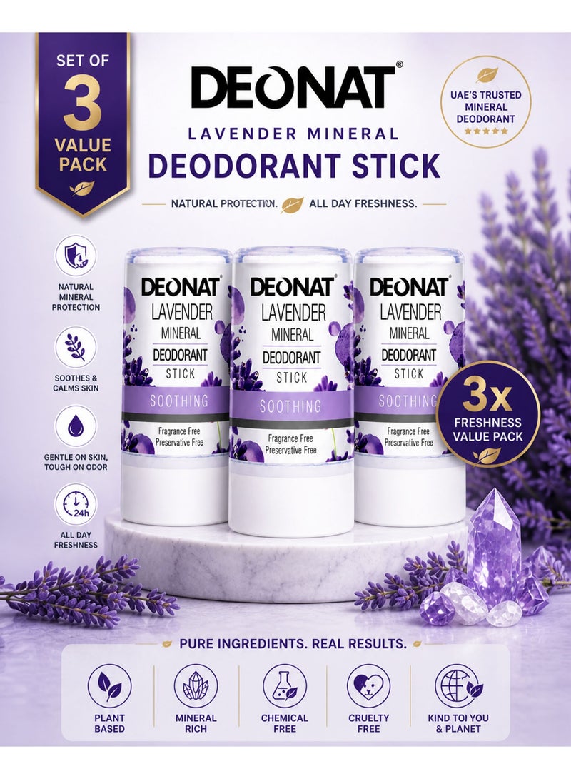 DEONAT Lavender Mineral Deodorant Stick 40g Pack of 3 Natural Alum Crystal Deodorant Antibacterial Anti Odor Soothing Underarm Care for Sensitive Skin Non Staining Long Lasting All Day Protection for Men and Women - Image 1