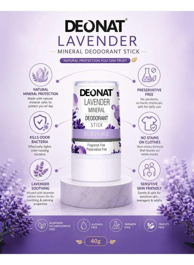 DEONAT Lavender Mineral Deodorant Stick 40g Pack of 3 Natural Alum Crystal Deodorant Antibacterial Anti Odor Soothing Underarm Care for Sensitive Skin Non Staining Long Lasting All Day Protection for Men and Women - Image 2