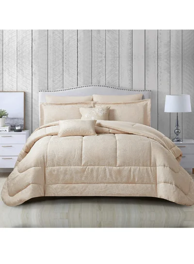 Donetella Bedding Comforter Set 5-Pcs Single Size Solid Jacquard Embroidery Bed Set Fits (120 x 200 CM) With 350GSM Poly Silk FIlling, Beige