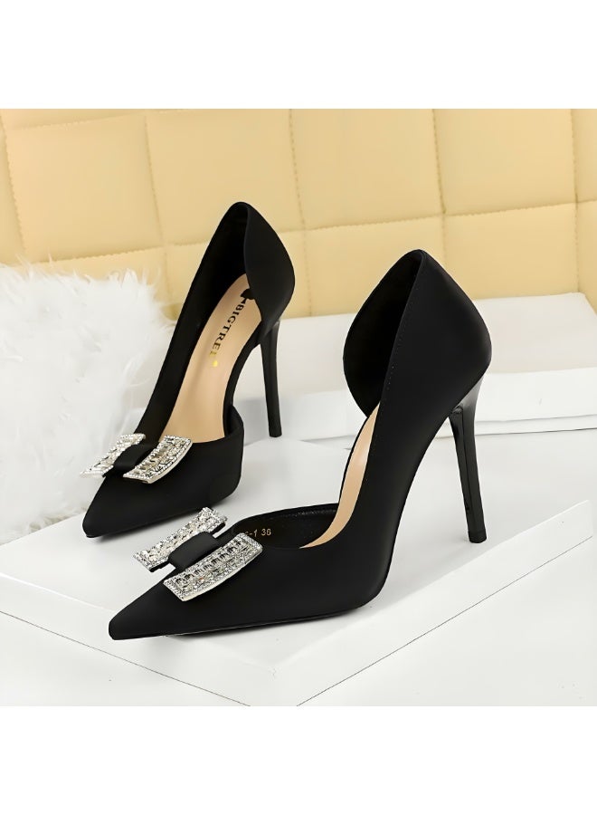 بيج تري المضخات النسائية مغلقة أشارت إصبع القدم الكعب العالي الحزب فستان الأحذية الأسود 10CM - Image 1