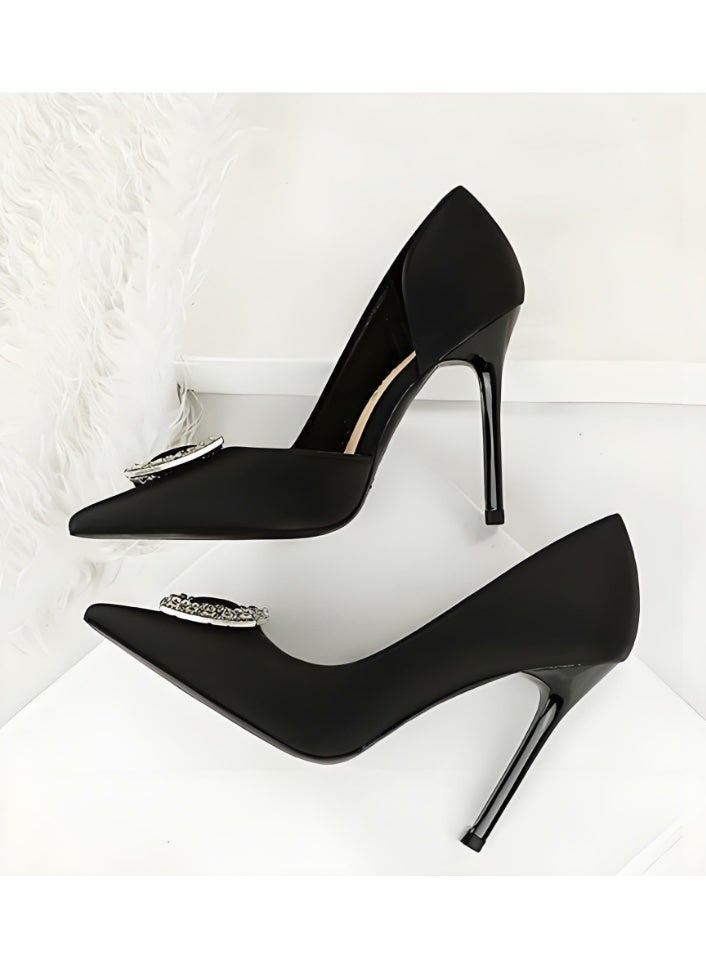 بيج تري المضخات النسائية مغلقة أشارت إصبع القدم الكعب العالي الحزب فستان الأحذية الأسود 10CM - Image 3