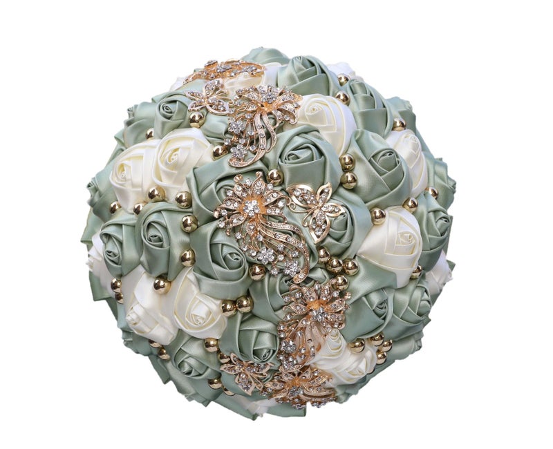 Gkvszy Handmade Wedding Bouquet with Golden Rhinestone Brooch Pearl Bridal Bouquet for Bride Bridesmaid Quinceanera Satin Rose Flower Bouquet Wedding Sage Green and Ivory 7.1in - Image 1