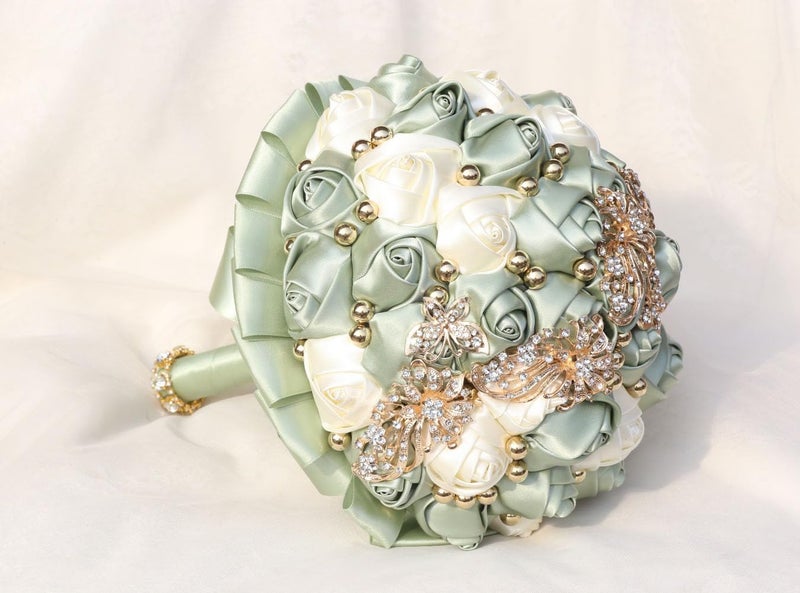 Gkvszy Handmade Wedding Bouquet with Golden Rhinestone Brooch Pearl Bridal Bouquet for Bride Bridesmaid Quinceanera Satin Rose Flower Bouquet Wedding Sage Green and Ivory 7.1in - Image 3