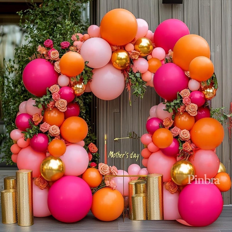 Pinbra Pink Orange Balloon Garland Double Stuffed Hot Pink Orange Gold Metallic Pastel Balloon Arch Kit for Birthday Baby Bridal Shower Wedding Mothers Day Tropical Party Decorations - Image 2