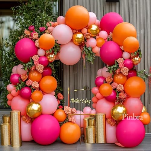 Pinbra Pink Orange Balloon Garland Double Stuffed Hot Pink Orange Gold Metallic Pastel Balloon Arch Kit for Birthday Baby Bridal Shower Wedding Mothers Day Tropical Party Decorations - Image 1