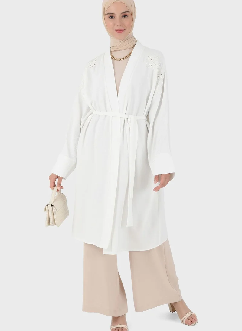 Refka by modanisa Belted Openwork Detail Kimono