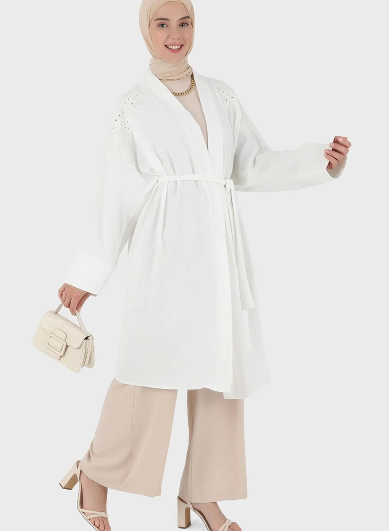 Refka by modanisa Belted Openwork Detail Kimono
