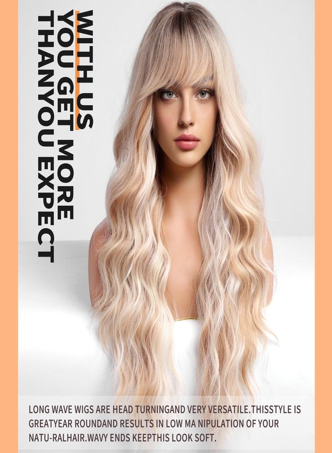 KOME Ombre Blonde Wigs with Bangs,Long Curly Wig for Women,Blonde Long Wavy Wig Synthetic Hair Wig for Party Cosplay Daily Use 24IN - Image 3