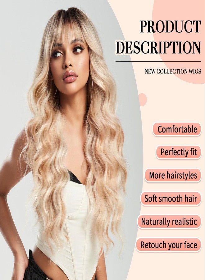 KOME Ombre Blonde Wigs with Bangs,Long Curly Wig for Women,Blonde Long Wavy Wig Synthetic Hair Wig for Party Cosplay Daily Use 24IN - Image 2