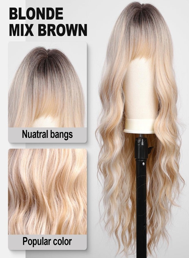 KOME Ombre Blonde Wigs with Bangs,Long Curly Wig for Women,Blonde Long Wavy Wig Synthetic Hair Wig for Party Cosplay Daily Use 24IN - Image 4