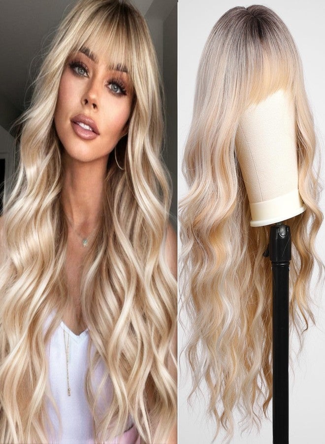 KOME Ombre Blonde Wigs with Bangs,Long Curly Wig for Women,Blonde Long Wavy Wig Synthetic Hair Wig for Party Cosplay Daily Use 24IN - Image 1