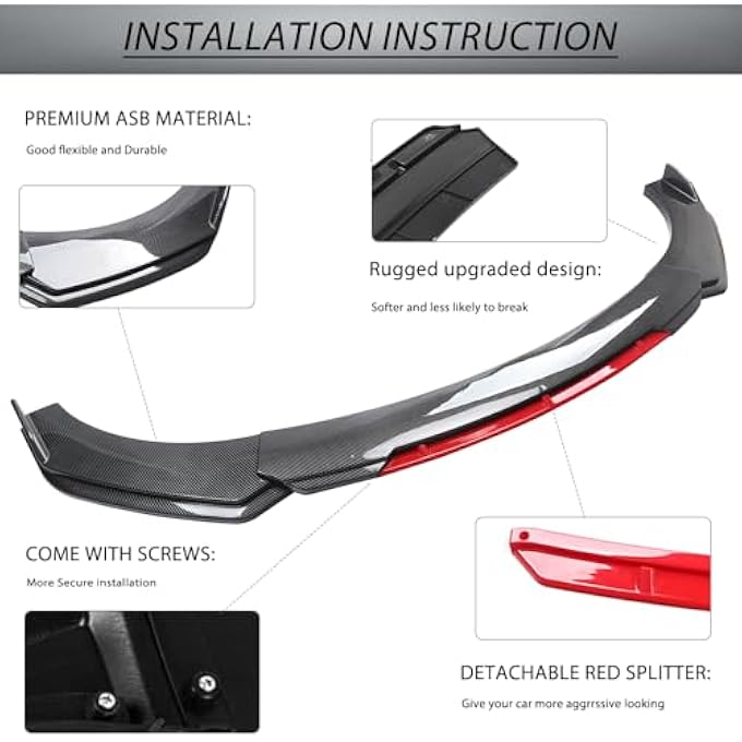 DREAMIZER Universal Carbon Fiber Car Front Bumper Lip Kit Chin Spoiler Diffuser Protector Compatible for Honda Accord Civic Infiniti Q50 Mazda3 (Red Trim) - Image 4