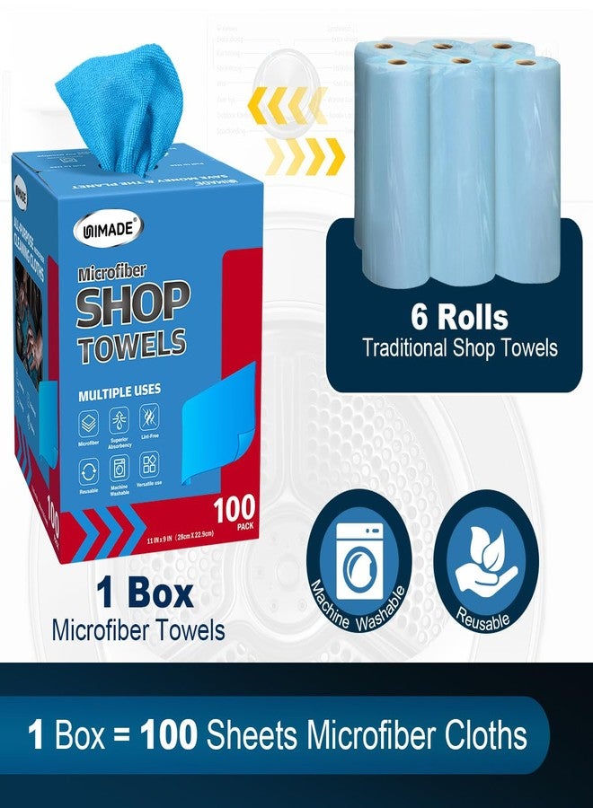 UNIMADE Shop Towels, 100 Sheets Microfiber Cleaning Cloth Commercial Grade Washcloths Lint-Free Bulk Shops Rags for Cars Mechanic Restaurant Garage Housekeeping, 11"x 9", 1 Box, Blue - Image 2