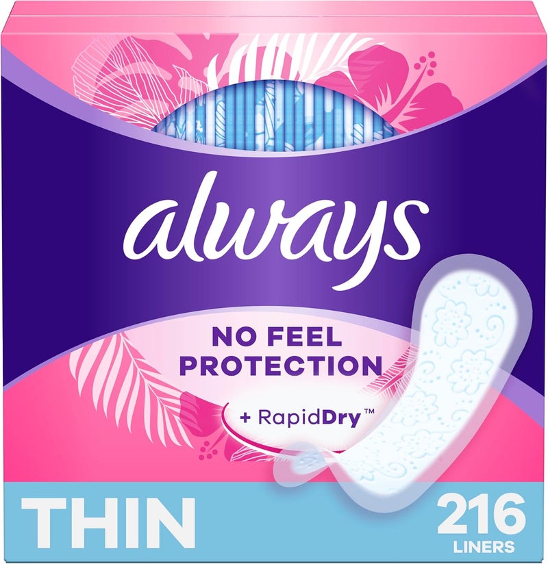 Always Thin No Feel Protection Daily Liners, Regular Absorbency, Unscented, 216 Count
