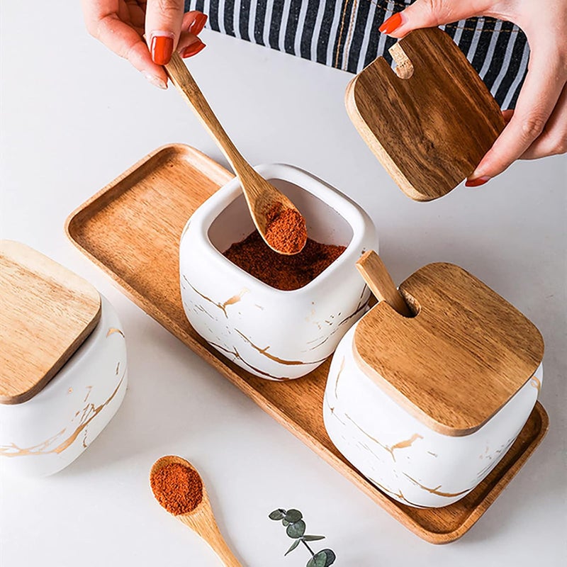 JFFLYIT 2 Sets of Marble Ceramic Sugar Bowl Ceramic Seasoning Jars with Wooden Lid and Wooden Spoon(White) - Image 3