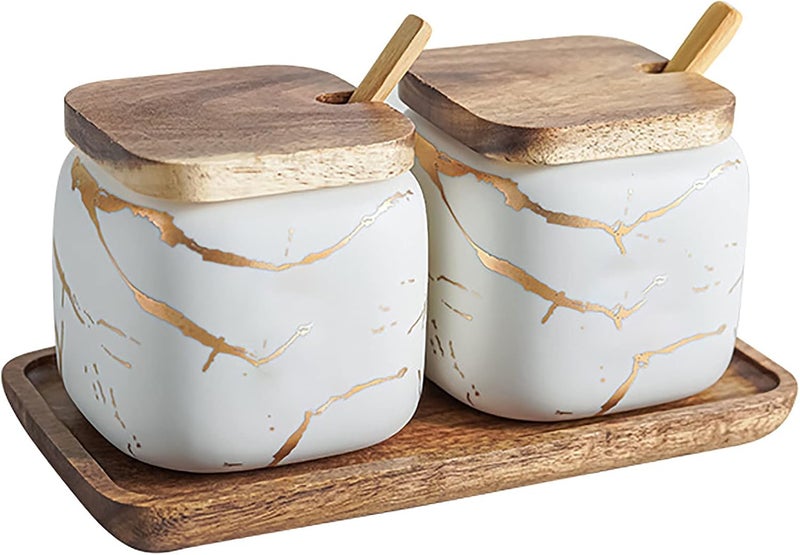 JFFLYIT 2 Sets of Marble Ceramic Sugar Bowl Ceramic Seasoning Jars with Wooden Lid and Wooden Spoon(White) - Image 1