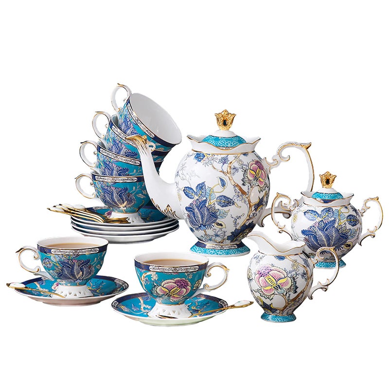 ACMLIFE Tea Sets for Adults for 6 Tea Pot Sets with Cups Blue Tea Sets for Women Tea Party Fine Bone China 24K Gold Vintage British English Porcelain Afternoon Service Sets for Luxury Gift