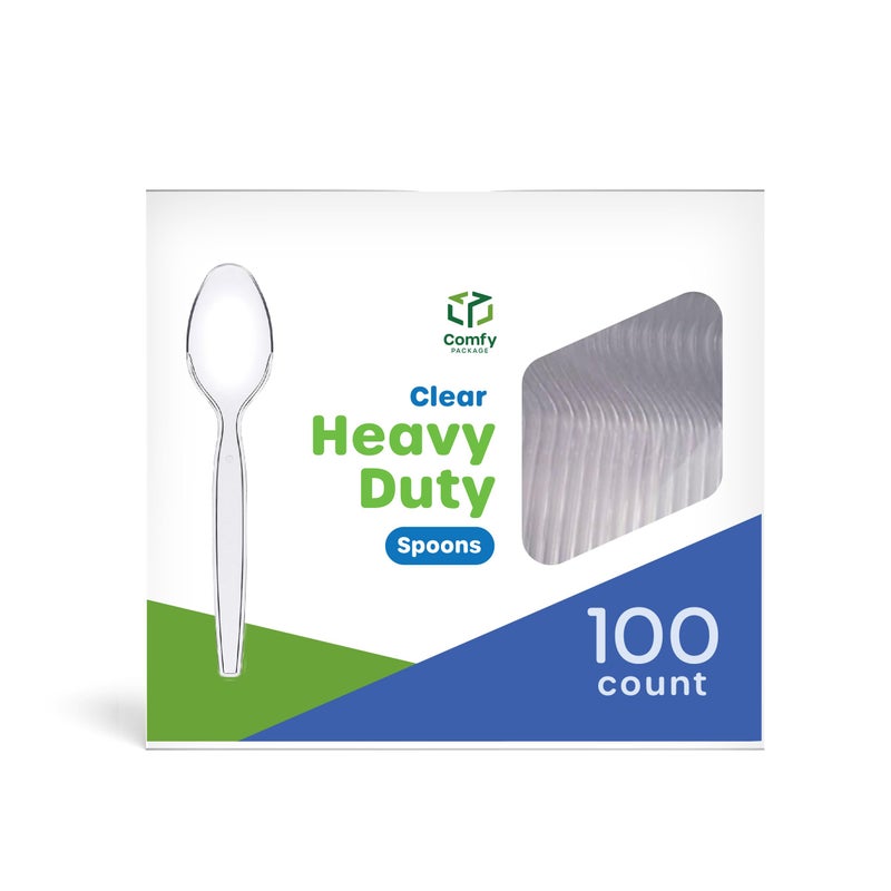 Comfy Package [100 Pack] Heavy Duty Disposable Clear Plastic Spoons - Plastic Silverware, Basic Cutlery for Parties, Events, and Everyday Use - Image 1