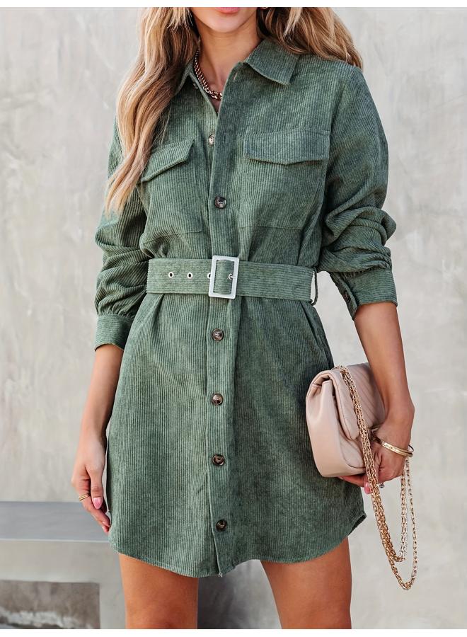 Women's Clothing Independent Station Autumn And Winter Corduroy Pit Solid Color Long Sleeve Shirt Dress