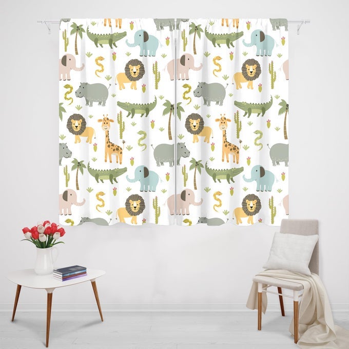 BABY BOYS SAFARI ANIMALS CURTAINS 42 W X 45H INCH ROD POCKET KIDS BEDROOM DECOR CARTOON LION FOR NURSERY CHILD WOODLAND JUNGLE WILDLIFE PRINTED LIVING ROOM WINDOW DRAPES FABRIC