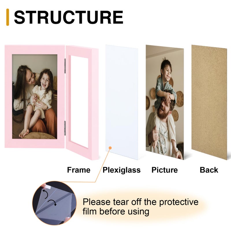 decorUhome Double 4x6 Picture Frame Vertical, Engineered Wood Bifold Photo Frame with Plexiglass for Tabletop Display, 4x6, Pink - Image 3