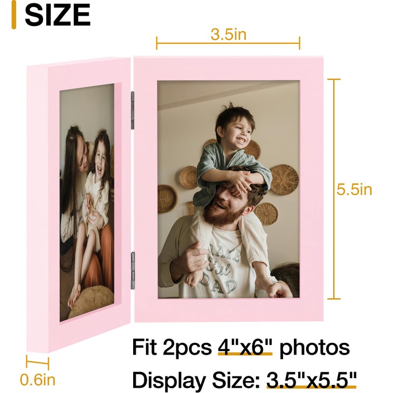 decorUhome Double 4x6 Picture Frame Vertical, Engineered Wood Bifold Photo Frame with Plexiglass for Tabletop Display, 4x6, Pink - Image 4