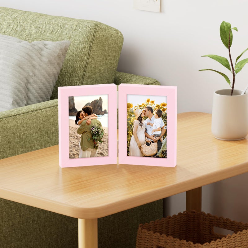 decorUhome Double 4x6 Picture Frame Vertical, Engineered Wood Bifold Photo Frame with Plexiglass for Tabletop Display, 4x6, Pink - Image 2