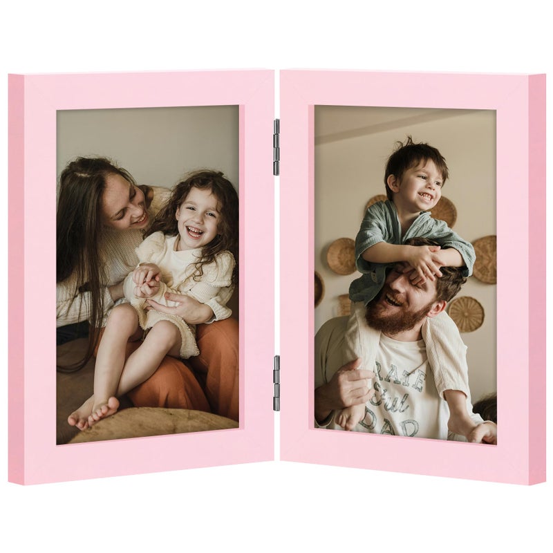 decorUhome Double 4x6 Picture Frame Vertical, Engineered Wood Bifold Photo Frame with Plexiglass for Tabletop Display, 4x6, Pink - Image 1
