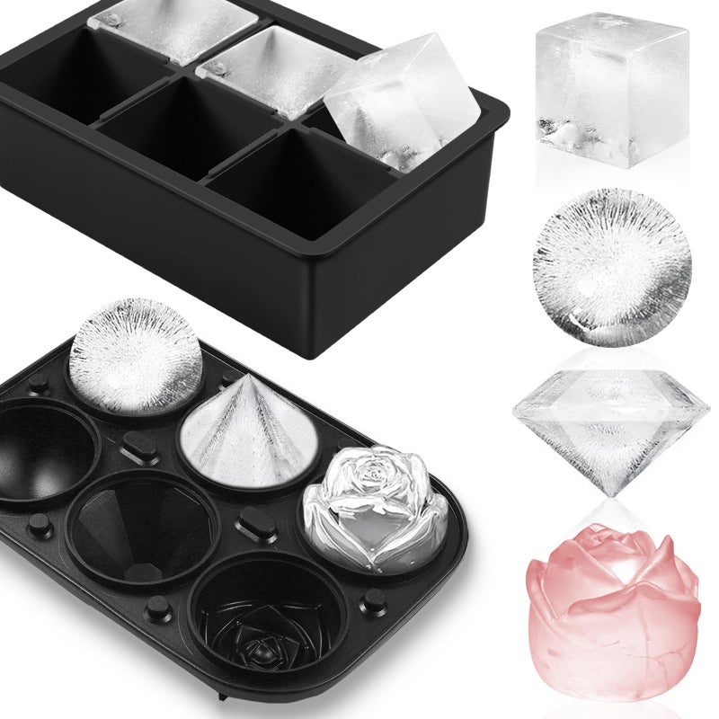 AMFOCUS 2Pack Silicone Square and Round Ice Cube Trays for Freezer - Sphere, Rose, Diamond Ice Molds for Whiskey, Cocktails & DIY, Black - Image 1