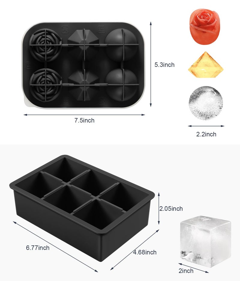 AMFOCUS 2Pack Silicone Square and Round Ice Cube Trays for Freezer - Sphere, Rose, Diamond Ice Molds for Whiskey, Cocktails & DIY, Black - Image 3