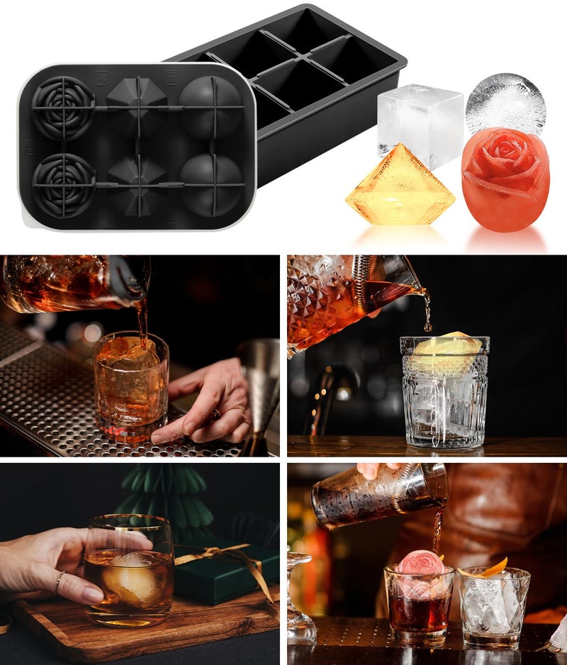 AMFOCUS 2Pack Silicone Square and Round Ice Cube Trays for Freezer - Sphere, Rose, Diamond Ice Molds for Whiskey, Cocktails & DIY, Black - Image 5