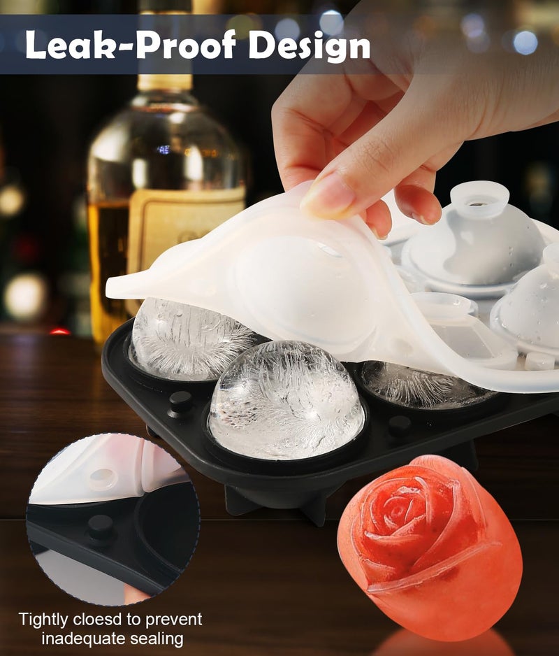 AMFOCUS 2Pack Silicone Square and Round Ice Cube Trays for Freezer - Sphere, Rose, Diamond Ice Molds for Whiskey, Cocktails & DIY, Black - Image 4