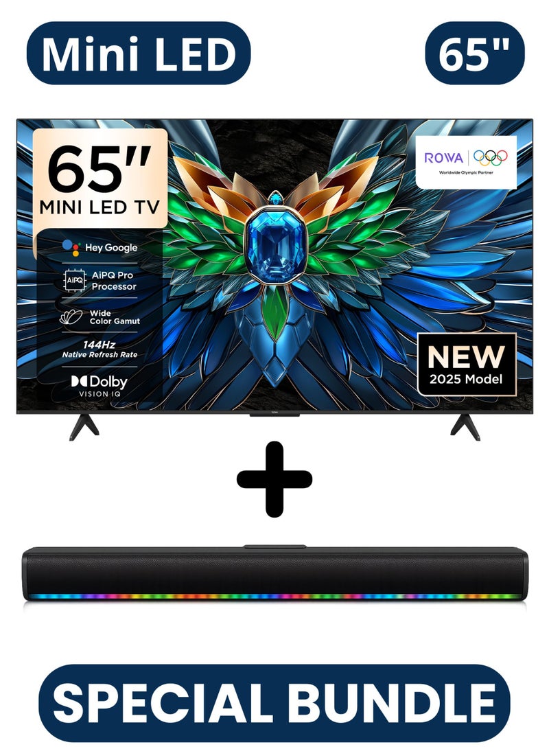 ROWA 65 Inch R85 4K Mini LED TV + 2.0 Channel Portable Soundbar With Built In Battery & LED Lights | Google TV With AiPQ Pro Processor, 144Hz Refresh Rate, Dolby Vision IQ, Dolby Atmos, 2.1Ch Onkyo Audio - 65R85+SOUNDBAR Black - Image 1