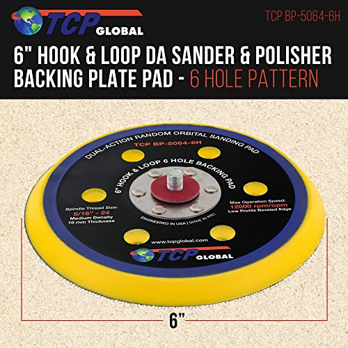 TCP Global 6" Hook & Loop DA Sander & Polisher Backing Plate Pad, 6 Hole Pattern Dustless - Dual-Action Random Orbital Sanding Pad - Low Profile Edge, Medium Density - for Auto Woodworking Sandpaper - Image 2