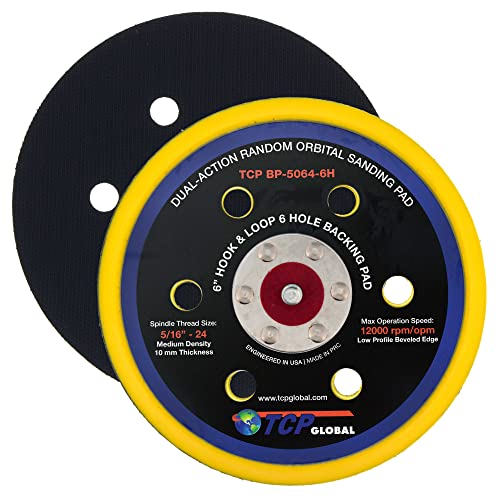 TCP Global 6" Hook & Loop DA Sander & Polisher Backing Plate Pad, 6 Hole Pattern Dustless - Dual-Action Random Orbital Sanding Pad - Low Profile Edge, Medium Density - for Auto Woodworking Sandpaper - Image 1