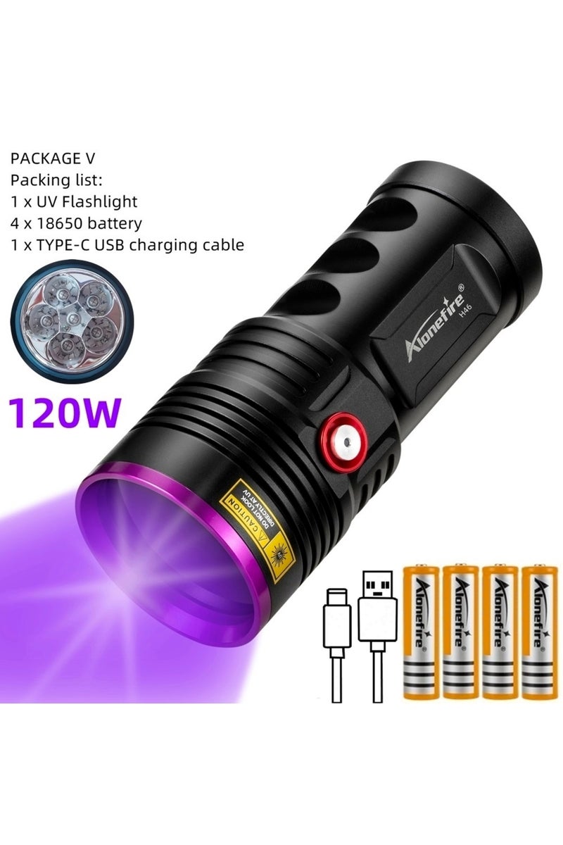 إيروريكس مصباح يدوي قوي يعمل بالأشعة فوق البنفسجية بقوة 120 واط، مزود ببطارية 18650، وطول موجي 365 نانومتر، قابل لإعادة الشحن عبر منفذ USB.