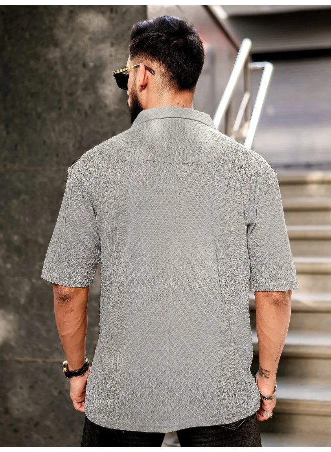 Maniac Maniac Men Solid Textured 3/4th Sleeve Grey Poly Jacquard Fabric Shirt