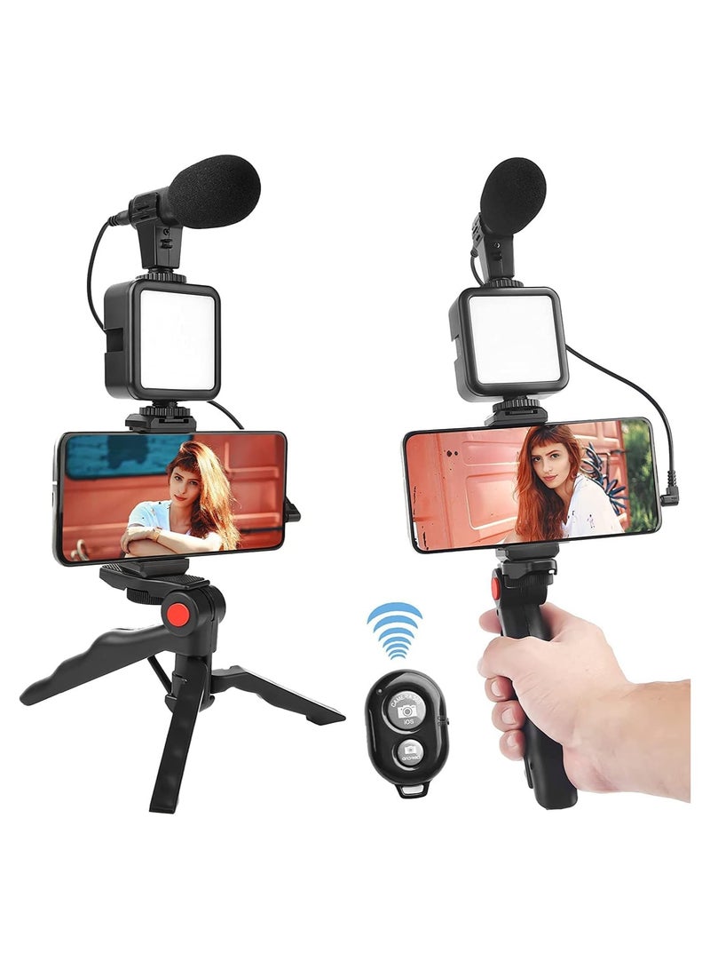 Bluetooth Remote, Mic, Mini Tripod Stand, LED Light & Phone Holder Clip for Making Videos/Recording YouTube Videos/Podcasting/Content Creation-Black - Image 1