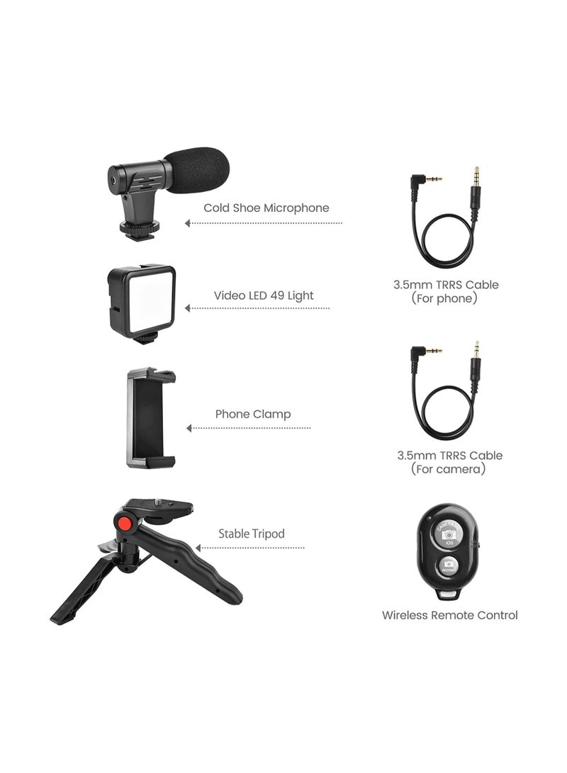 Bluetooth Remote, Mic, Mini Tripod Stand, LED Light & Phone Holder Clip for Making Videos/Recording YouTube Videos/Podcasting/Content Creation-Black - Image 2