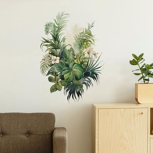 CharmFlo Botanical Wall Decals with Palm Leaves Lush Green Foliage White Flowers Removable Peel and Stick Wall Art 22.4x15.7 inches for Living Room Nursery Home Decor - Image 3