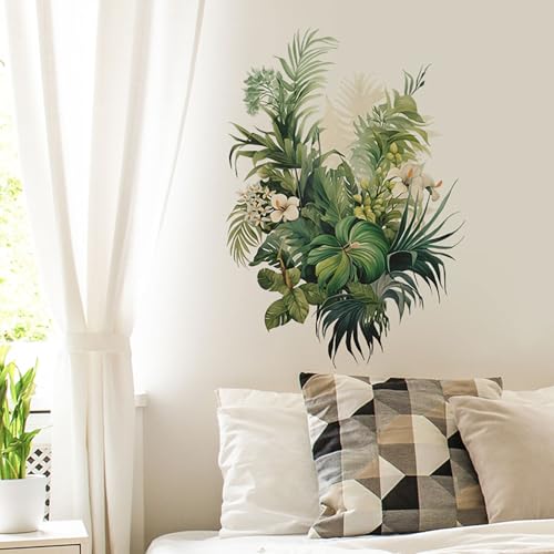 CharmFlo Botanical Wall Decals with Palm Leaves Lush Green Foliage White Flowers Removable Peel and Stick Wall Art 22.4x15.7 inches for Living Room Nursery Home Decor - Image 4