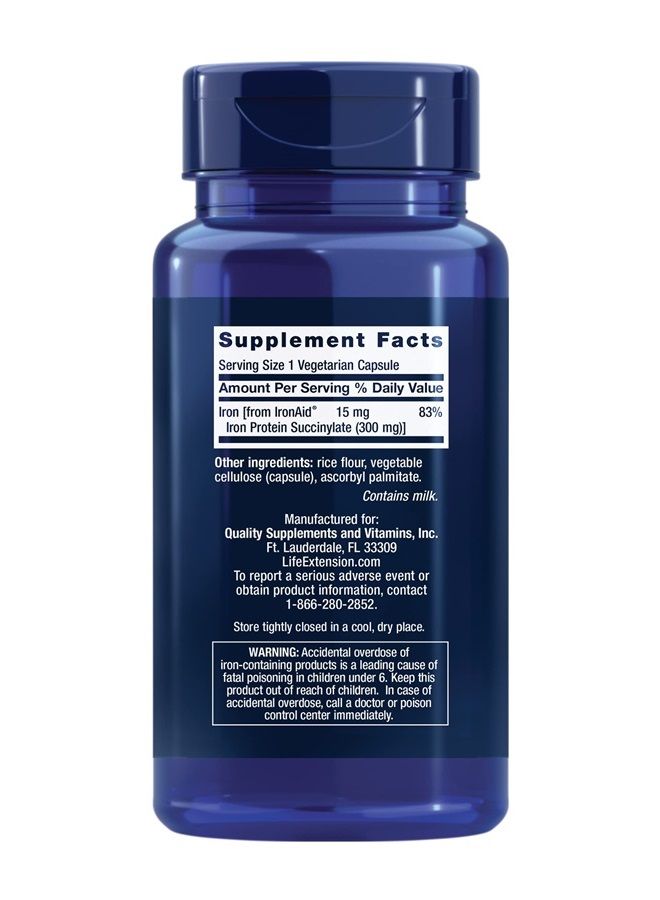 Life Extension حديد بروتين بلس - شكل قابل للامتصاص العالي من مكملات الحديد لإنتاج خلايا الدم الحمراء والبروتين - مرة واحدة يوميًا - خالي من الغلوتين، غير معدل وراثيًا، نباتي - 100 كبسولة - Image 2
