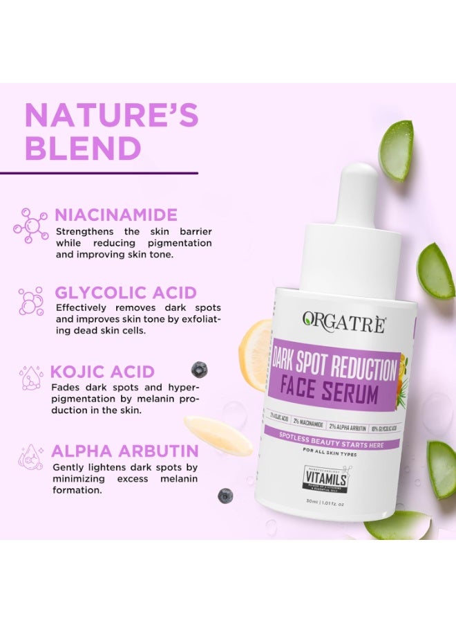 Orgatre Dark Spot Correcting Face Serum for Glowing Skin | With 2% Kojic Acid, Alpha Arbutin & Niacinamide | Reduces Dark Spots, Acne Marks Corrector, Pigmentation & Blemishes – 30ml - Image 2