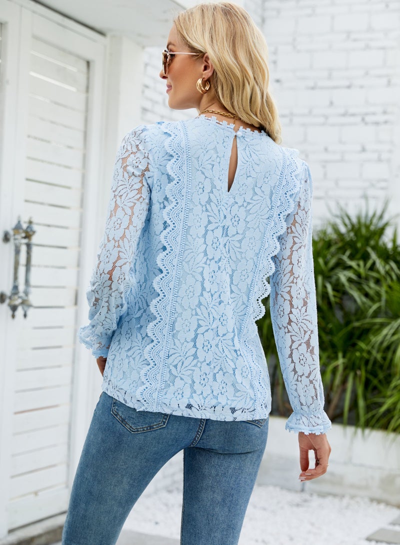 Loquat Solid Colour Cut-Out Lace V-Neck Long Sleeve Lace Top Blue  - Image 2