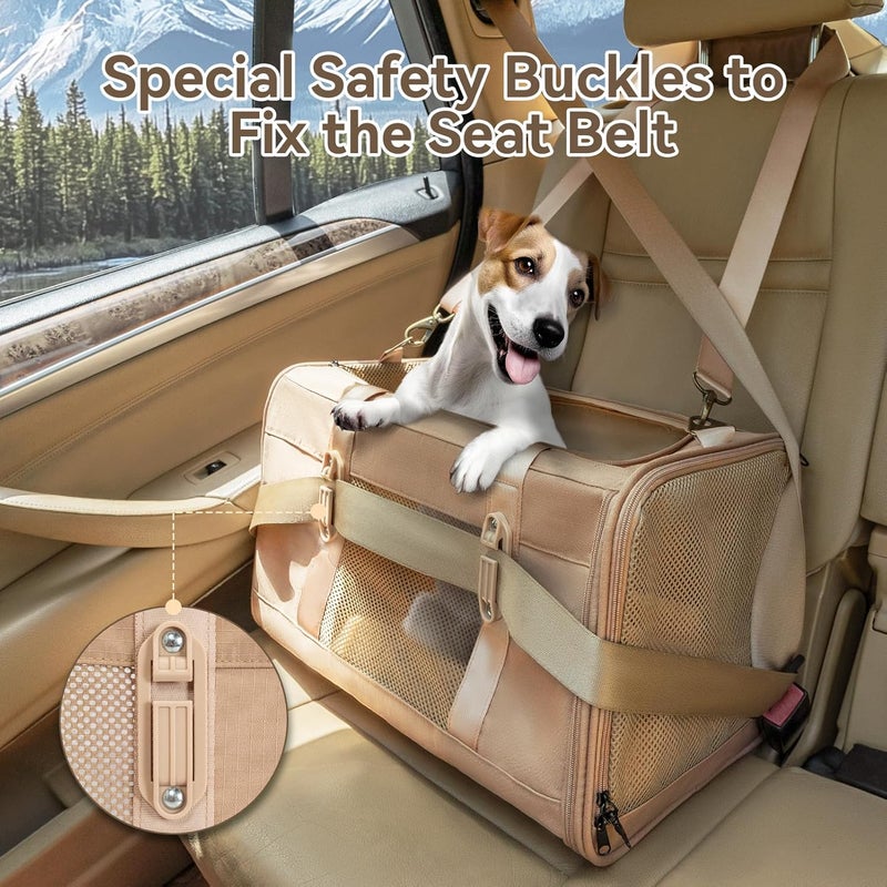Petsfit Small Dog Travel Carrier, Large Cat Carrier with Patented Buckle and Soft Padding, Soft-sided Pet Carrier for Puppy, Ideal for Car Road Trips Up to 20 Lbs Khaki - Image 2