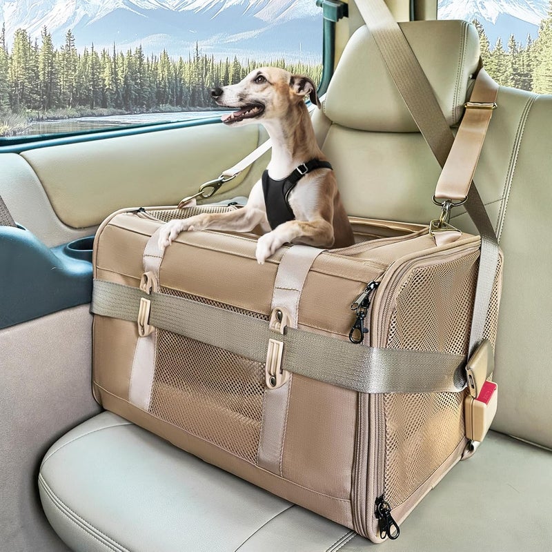 Petsfit Small Dog Travel Carrier, Large Cat Carrier with Patented Buckle and Soft Padding, Soft-sided Pet Carrier for Puppy, Ideal for Car Road Trips Up to 20 Lbs Khaki - Image 1