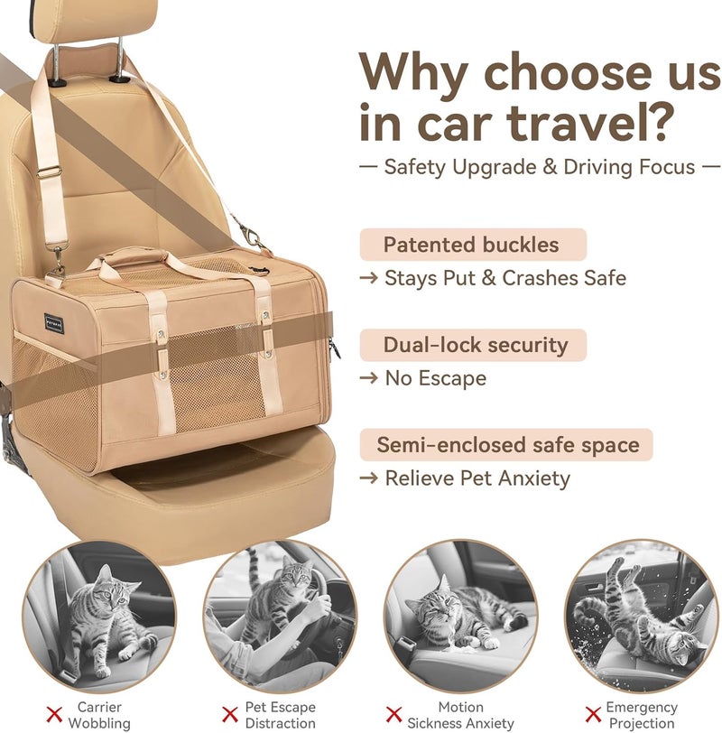 Petsfit Small Dog Travel Carrier, Large Cat Carrier with Patented Buckle and Soft Padding, Soft-sided Pet Carrier for Puppy, Ideal for Car Road Trips Up to 20 Lbs Khaki - Image 3