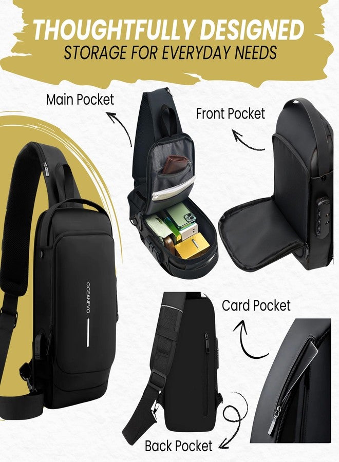 OCEANEVO Stylish Anti Theft Crossbody Sling Bag for Men WITH Luggage Tag, Chest Bag for Travel WITH Lock and USB Charging Port - 1 Year Warranty - 32 x 19 x 8 Cm - Black - Image 3
