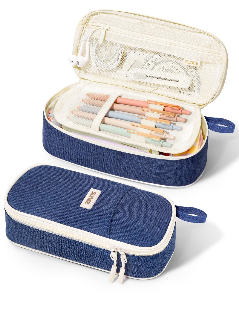 SUNEE Cute Pencil Case Aesthetic Pen Pouch Colored Large Pencil Bag with Zipper Kawaii Stationery Storage and Organizer School Supplies for Teen and Adult Girls Navy Blue