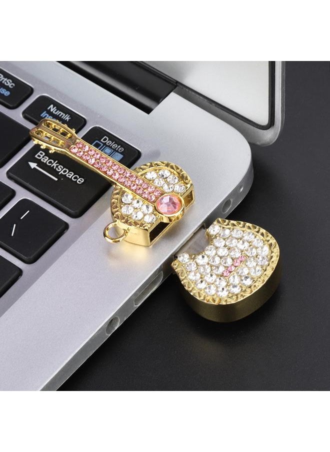 Golden Guitar Shape Rhinestone Portable USB Flash Drive High Speed U Disk Memory Stick (8G)